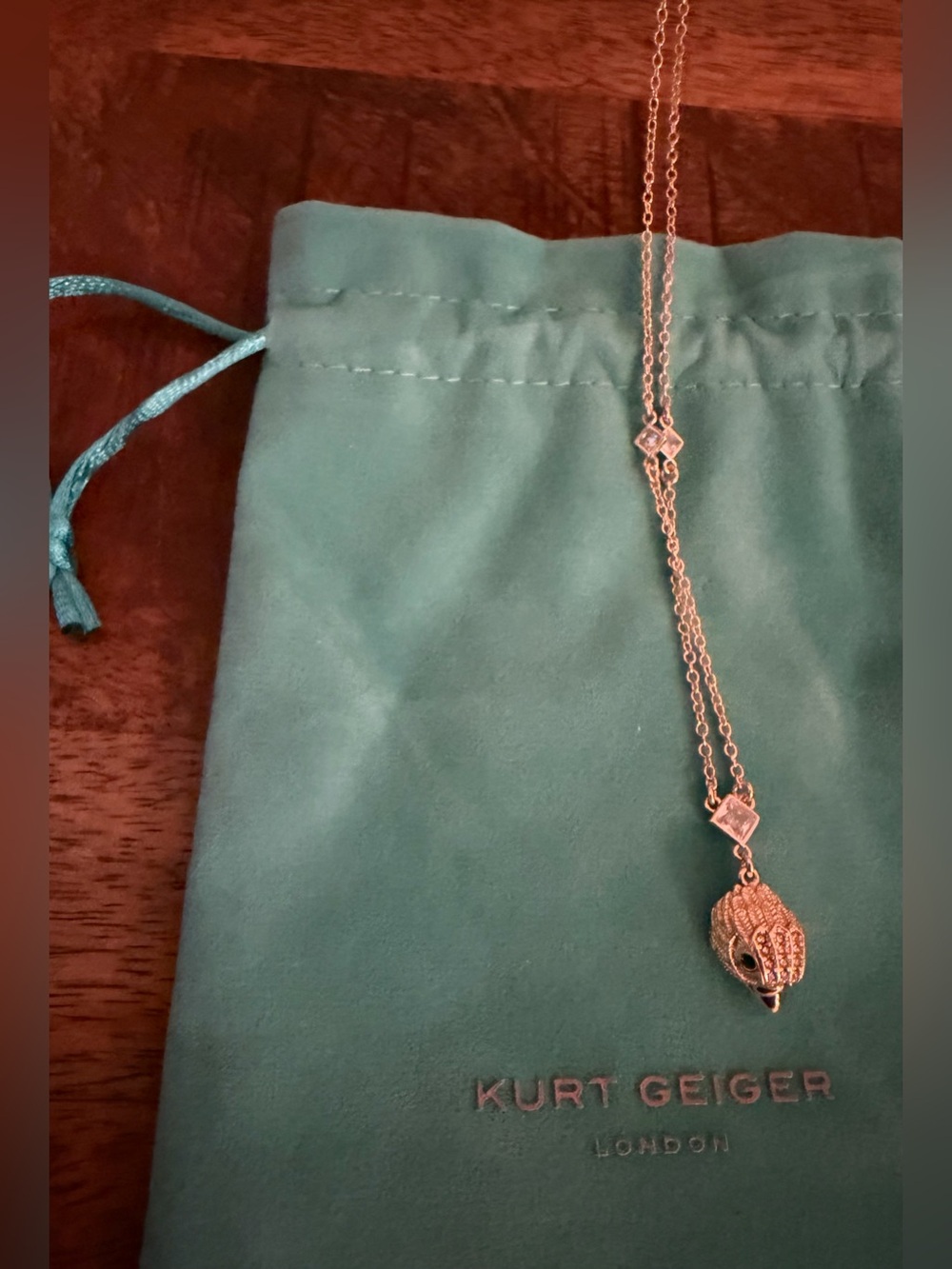Kurt Geiger Gold Signature Pave Eagle Pendant  Necklace with Turquoise Pouch NWT - Picture 3 of 5